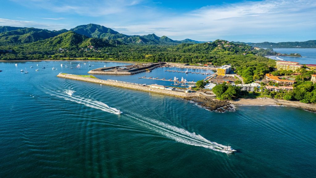 An aerial view of a marina with boats in the water.